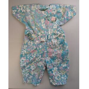 Vtg Floral Baby Romper Newborn Short Sleeve Pink Blue Mayfair Artsy Girly Cute